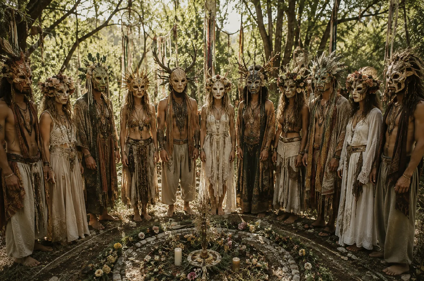 Menschen mit gestalteten Masken im Ritualkreis im Wald